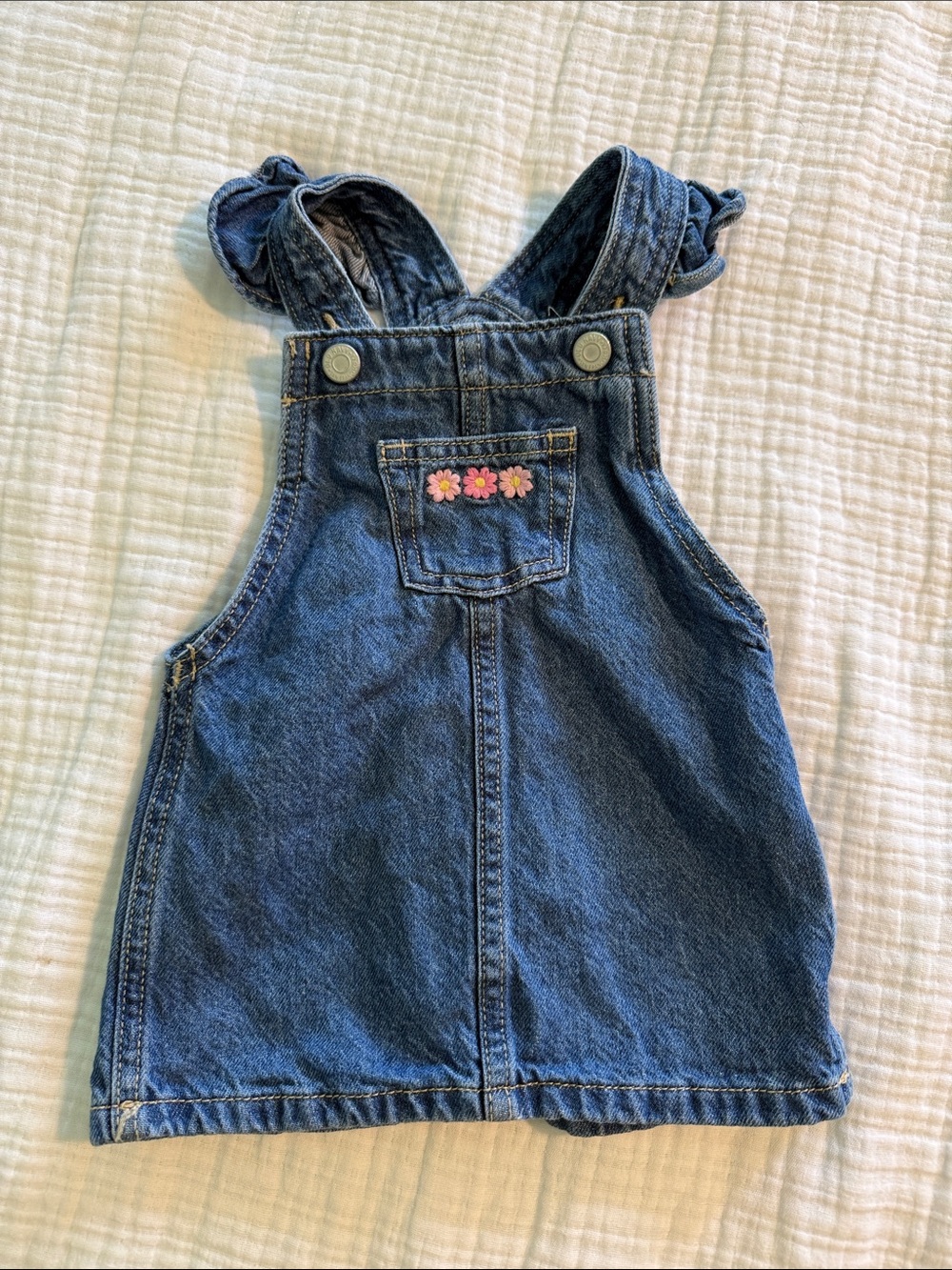 Old Navy Blue Denim Overall Dress with Pink Flower Trim